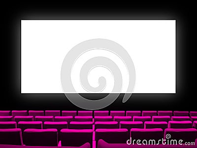 Cinema movie theatre with pink seats and a blank white screen Stock Photo