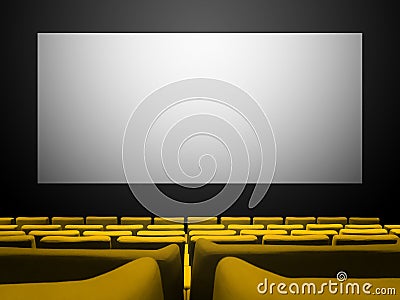Cinema movie theatre with yellow seats and a blank white screen Stock Photo