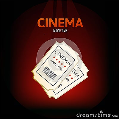 Cinema, movie time concept. Two retro movie tickets on cinema. Vector Illustration