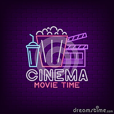 Cinema neon sign. Night Movie Time bright neon signboard, cinema logo. Vector. Vector Illustration