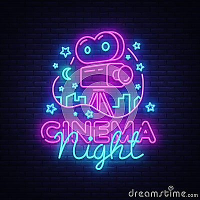Cinema Night Neon Logo Vector. Movie Night neon sign, design template, modern trend design, night neon signboard, night Vector Illustration