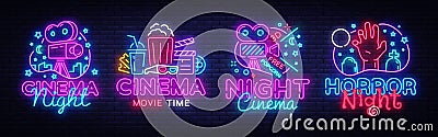 Cinema night set neon sing, label and logo. Cinema banner Design template, logo, emblem and label. Bright signboard Vector Illustration