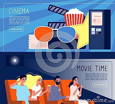 Cinema people banners. Happy couple watching films sitting in cinema hall vector concept Vector Illustration