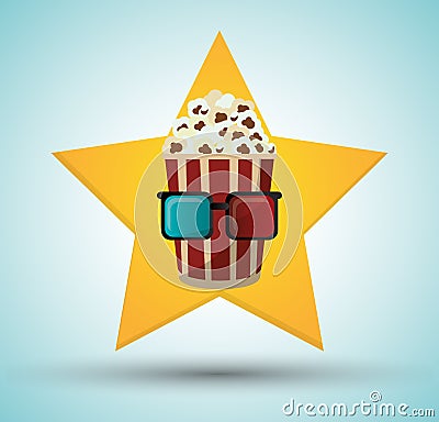 Cinema pop corn bucket 3d glasses star background Vector Illustration