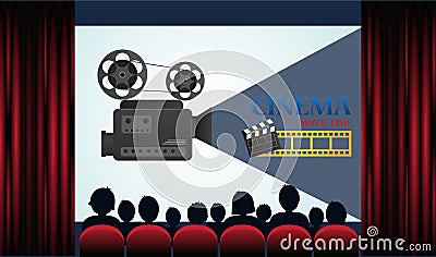 Cinema poster with audience, screen and red curtains Vector Illustration