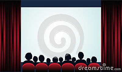 Cinema poster with audience, screen and red curtains .Vector Vector Illustration