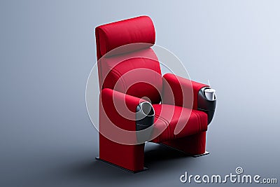 Cinema Red Cozy Armchair With Comfortable Elbows on Monochrome Gray Background. Online Cinema Concept. 3d Rendering Stock Photo