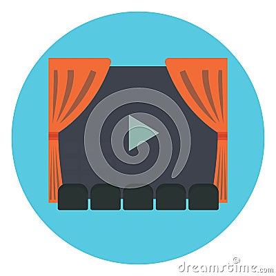 Cinema room with row of gray sits in front of movie screen with play symbol and red act curtains Stock Photo