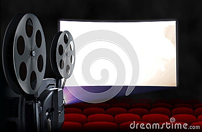 Cinema screen with empty seats and projector Stock Photo