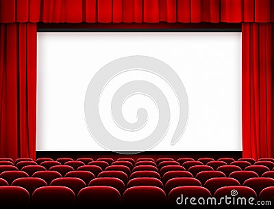 Cinema screen with red curtains and seats Stock Photo