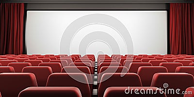 Cinema screen with red seats and open curtain. 3d. Cartoon Illustration