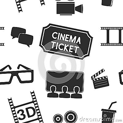 Cinema seamless background. Movie theater symbols, black and white Vector Illustration