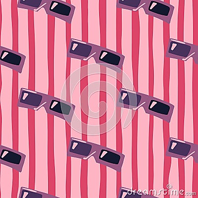 Cinema seamless doodle patten with purple toned 3D glasses. Pink and red stripped background Cartoon Illustration