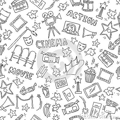 Cinema seamless pattern with hand drawn elements Vector Illustration