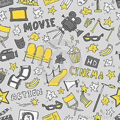 Cinema seamless pattern with hand drawn elements Vector Illustration