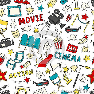 Cinema seamless pattern with hand drawn elements Vector Illustration