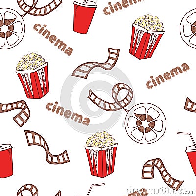 Cinema seamless pattern. Popcorn, film reels and strips Vector Illustration