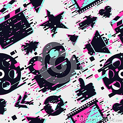Cinema seamless pattern. Vector texture with movie objects. Online video backdrop. Glitch style background with camera Stock Photo