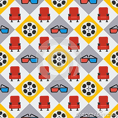 Cinema seamless pattern. Wallpaper with armchair, film reel and stereo glasses. Vector Illustration