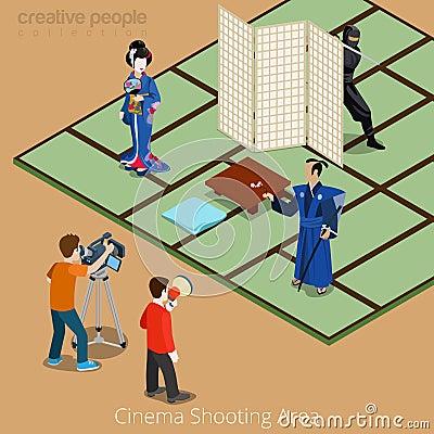 Cinema shooting area concept. Japan samurai geisha ninja movie stage. Flat 3d isometry isometric style web site app icon set Vector Illustration