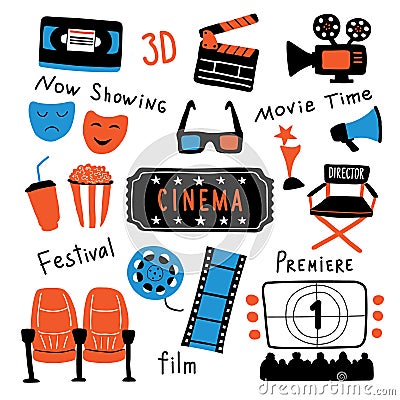 Cinema symbols set with ink lettering. Movie time and 3d glasses, popcorn, clapperboard, ticket, screen, camera, film, chairs. Cartoon Illustration