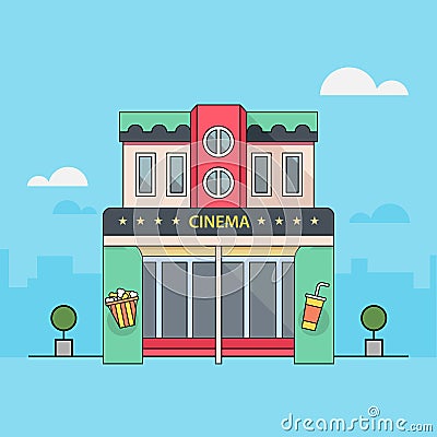 Cinema theater building detailed flat icon. Cartoon Illustration