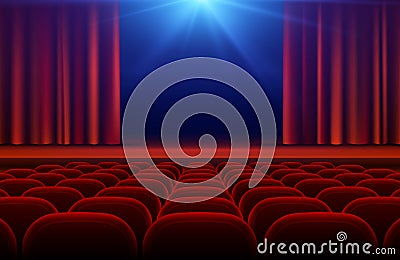 Cinema or theater hall with stage, red curtain and seats vector illustration Vector Illustration