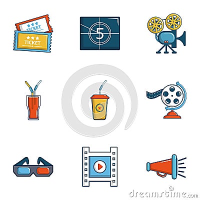 Cinema theater icons set, cartoon style Vector Illustration