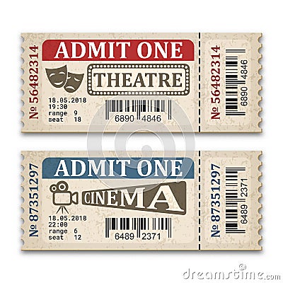 Cinema and theater tickets in retro style. Two admission tickets isolated on white background Vector Illustration