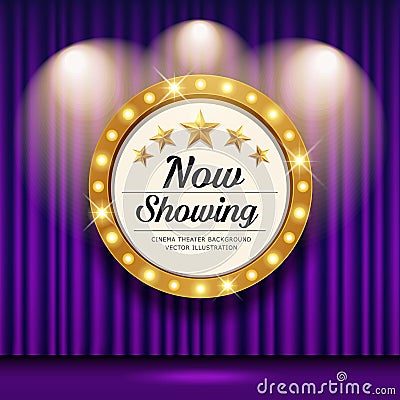 Cinema Theater vector and circle sign gold light up curtains purple design Vector Illustration