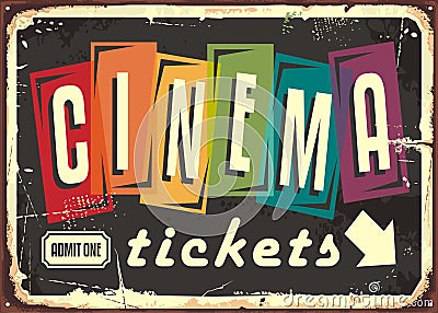 Cinema tickets retro sign with colorful typography Vector Illustration