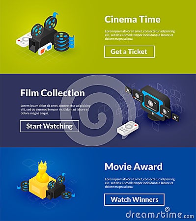 Cinema time film collection and movie award banners of isometric color design Vector Illustration