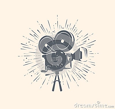 Cinema, video logo or label. Retro movie camera, TV vintage vector Vector Illustration