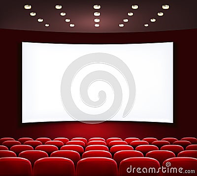 Cinema with white screen and seats. Vector Illustration