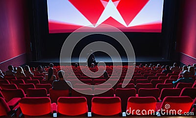 Cinema wide screen and people in red chairs in the cinema hall. Blurred People silhouettes watching movie performance Stock Photo
