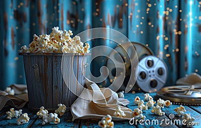 cinemas, popcorn, box and film reels with some popcorn Stock Photo