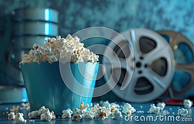 cinemas, popcorn, box and film reels with some popcorn Stock Photo