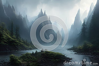 Cinematic and surreal forest with a ominous lake and misty sunset, created with Generative AI technology Stock Photo