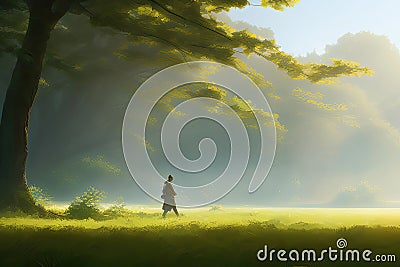 Cinematic and surreal image of a person walking through green meadows in harsh sunlight, created with Generative AI Stock Photo