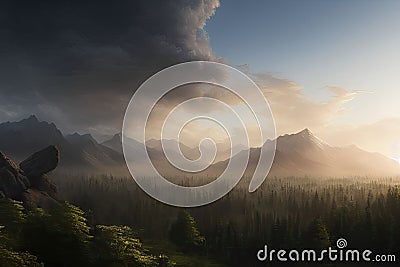 Cinematic and surreal misty forest at sunset with overhanging rock, created with Generative AI technology Stock Photo