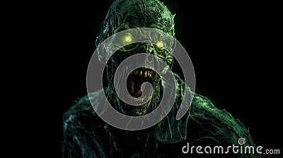 Cinematic green radiated zombie mouth open angry full shot full body green glowing eyes yelling looking to the side Stock Photo