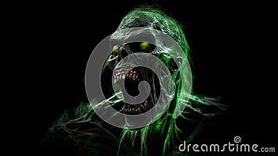 Cinematic green radiated zombie mouth open angry full shot full body green glowing eyes yelling looking to the side Stock Photo