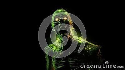 Cinematic green radiated zombie mouth open angry full shot full body green glowing eyes yelling looking to the side Stock Photo