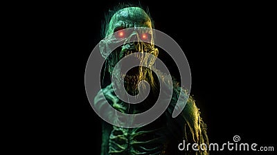 Cinematic green radiated zombie mouth open angry full shot full body green glowing eyes yelling looking to the side Stock Photo
