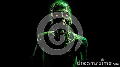 Cinematic green radiated zombie mouth open angry full shot full body green glowing eyes yelling looking to the side Stock Photo