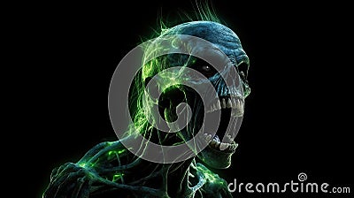 Cinematic green radiated zombie mouth open angry full shot full body green glowing eyes yelling looking to the side Stock Photo