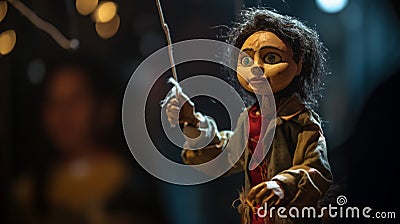 Cinematic Lighting Puppet Girl With Long Stick - Miniaturecore Stock Photo