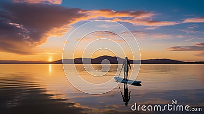 Cinematic Paddle-boarding In Luminist Landscapes Stock Photo
