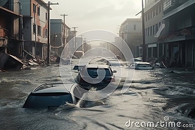 A cinematic portrayal of a city destroyed by Tsunami waves in a disaster, with flooded streets, cars carried by waves Stock Photo