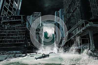 Cinematic Portrayal of a City Destroyed by Tsunami Stock Photo